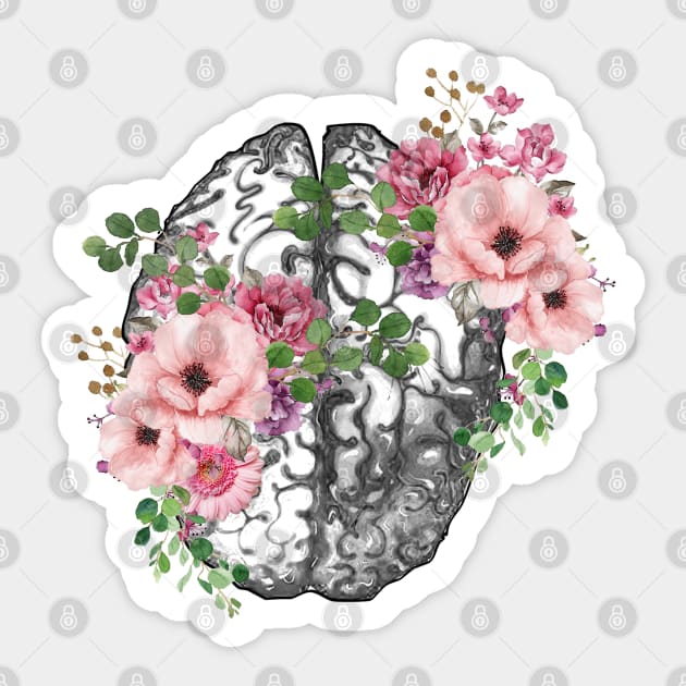 Brain human anatomy,pink roses, mental Sticker by Collagedream